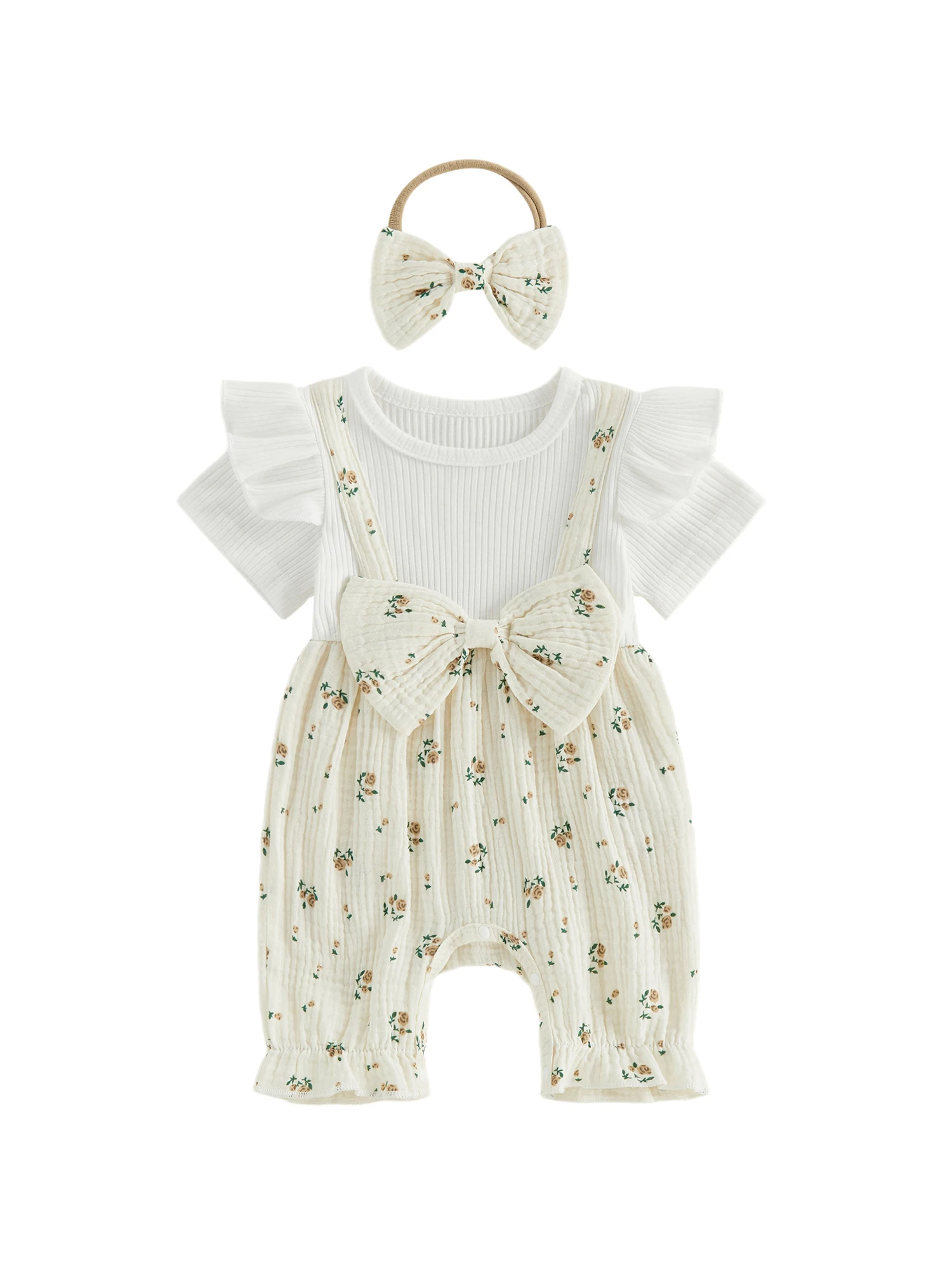 Stylish Toddler Girl Floral Print Romper with Ruffle Sleeves and Matching Bow Headband for Summer Outfit Set
Stylish Toddler Girl Floral Print Romper with Ruffle Sleeves and Matching Bow Headband for Summer Outfit Set