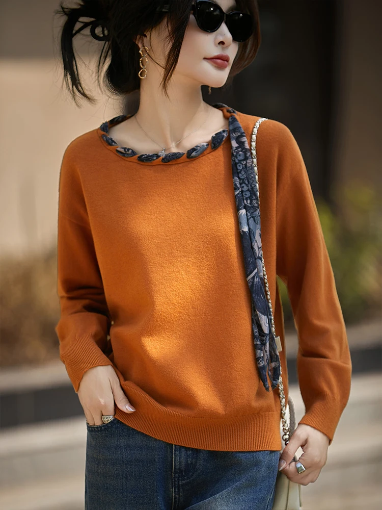 Women's Spun Wool Sweater Retro Silk Scarf Decoration Round Neck Pullover Simple Fashionable Versatile Autumn Winter Fashion Top
Women's Spun Wool Sweater Retro Silk Scarf Decoration Round Neck Pullover Simple Fashionable Versatile Autumn Winter Fashion Top