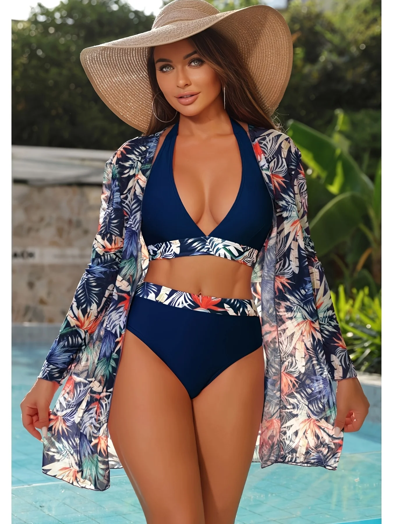 2026 New Women's Sexy & Fashionable Navy Blue Tropical Print 3-Piece Separates Swimsuit with Halter Deep V High-Waist & Long Cov
2026 New Women's Sexy & Fashionable Navy Blue Tropical Print 3-Piece Separates Swimsuit with Halter Deep V High-Waist & Long Cov