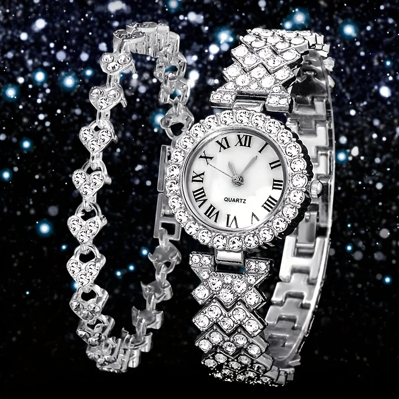 2pcs/set Glamorous Rhinestone Womens Watch & Bracelet Duo - Premium Quartz, Rome Numerals, Analog Display,
2pcs/set Glamorous Rhinestone Womens Watch & Bracelet Duo - Premium Quartz, Rome Numerals, Analog Display,