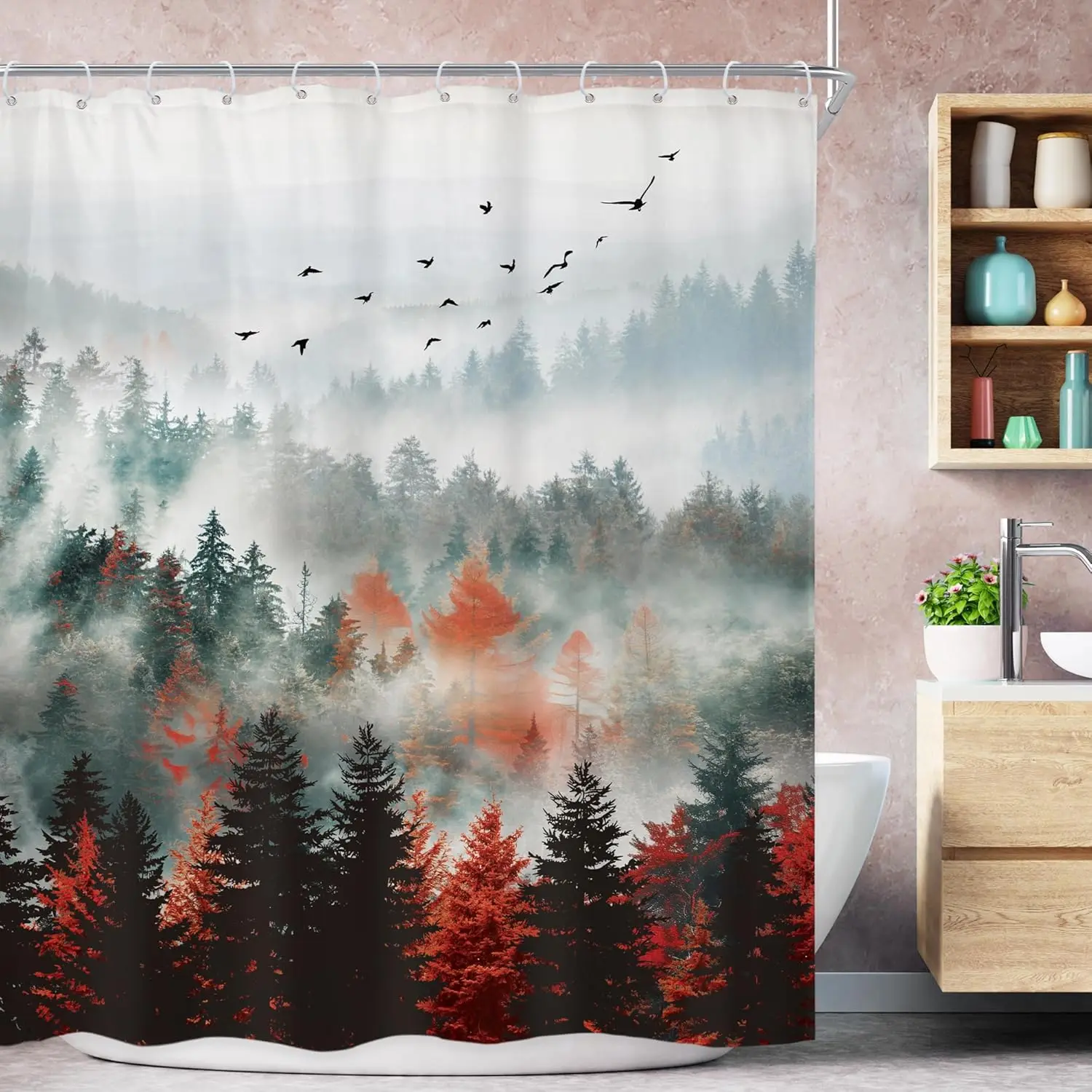 Riyidecor Red Green Mountain Shower Curtain Autumn Forest Trees Birds Flying Misty Landscape Shower Curtain Seasonal Nature View
Riyidecor Red Green Mountain Shower Curtain Autumn Forest Trees Birds Flying Misty Landscape Shower Curtain Seasonal Nature View