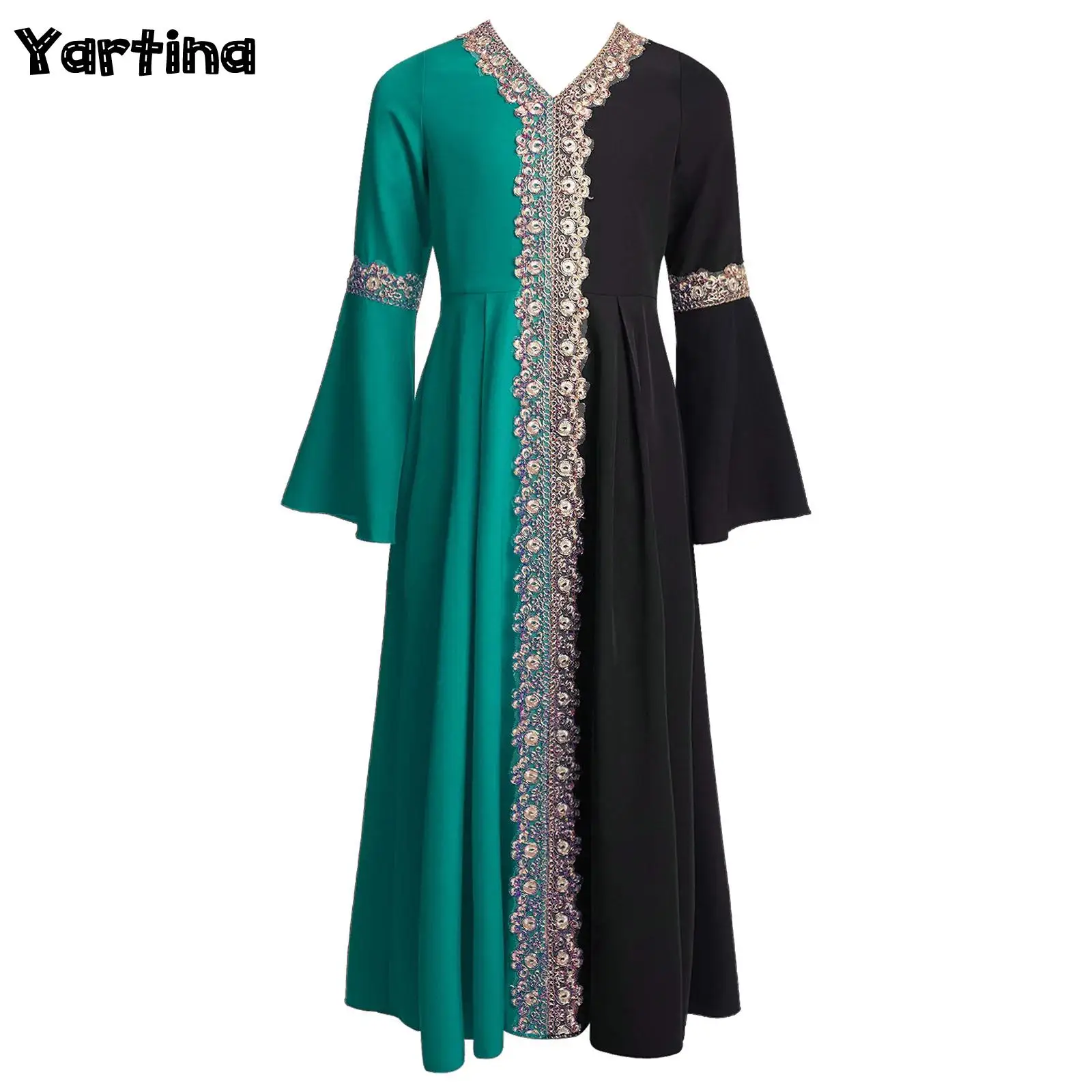 Girls Color Block Morocco Abayas Kaftan Eid Muslim Dresses V-neck Long Flared Sleeve Pleated Dress Theme Party Costume 
Girls Color Block Morocco Abayas Kaftan Eid Muslim Dresses V-neck Long Flared Sleeve Pleated Dress Theme Party Costume