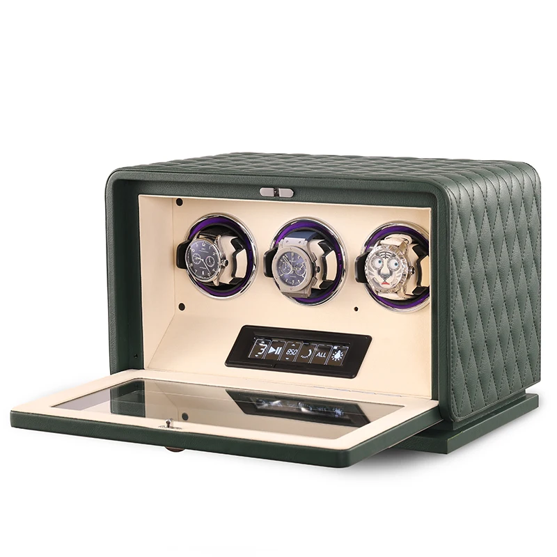 2024 Wholesale Luxury Green 3 Slots RGB Light Automatic Luxury Watch Winder Box Case Watch Holder Watch Organizer for Men
2024 Wholesale Luxury Green 3 Slots RGB Light Automatic Luxury Watch Winder Box Case Watch Holder Watch Organizer for Men