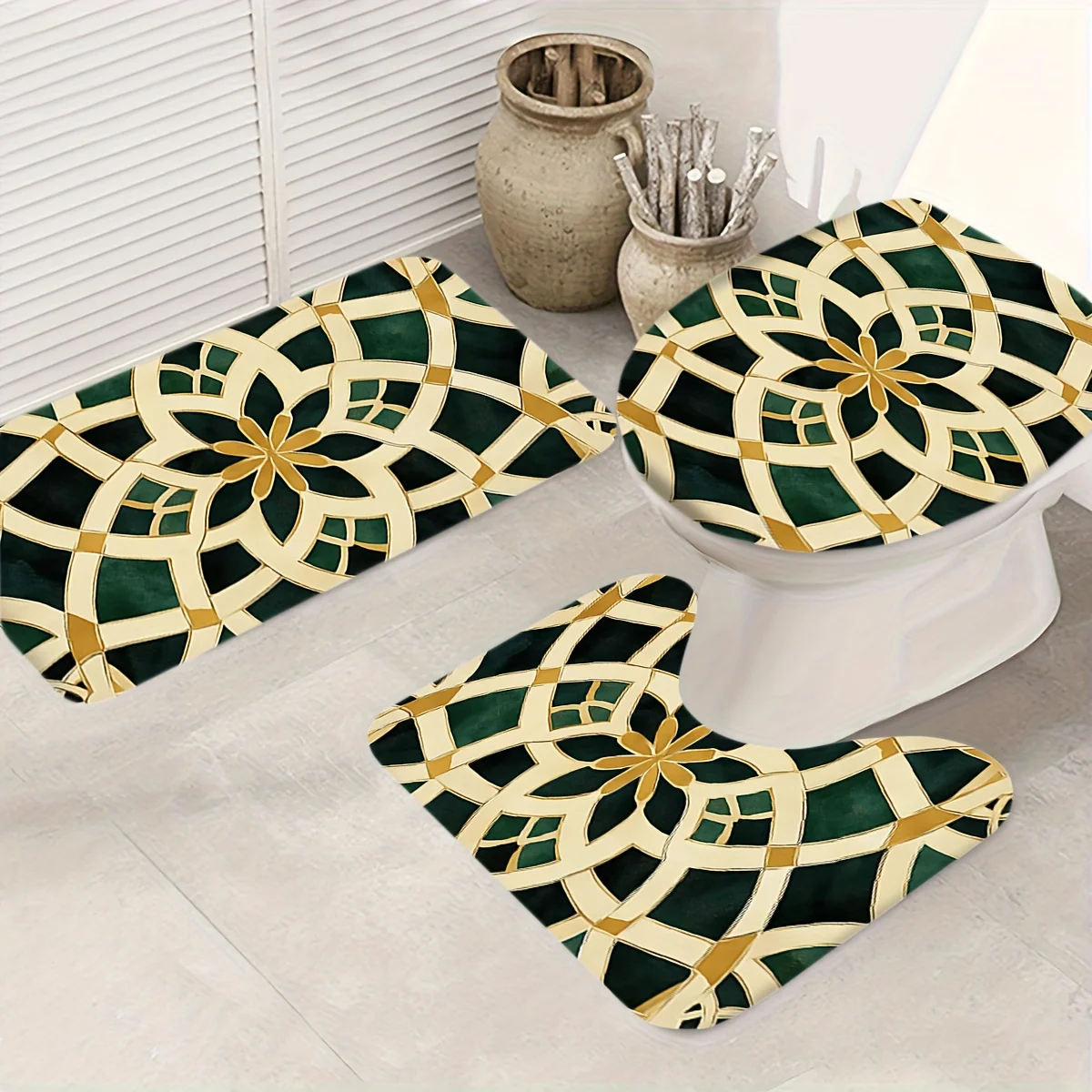 Green Gold Pattern Bath Set Three Piece Mat Toilet Lid Cover and U Shaped Rug Soft Flannel Non Slip Surface for Bathroom Decor
Green Gold Pattern Bath Set Three Piece Mat Toilet Lid Cover and U Shaped Rug Soft Flannel Non Slip Surface for Bathroom Decor