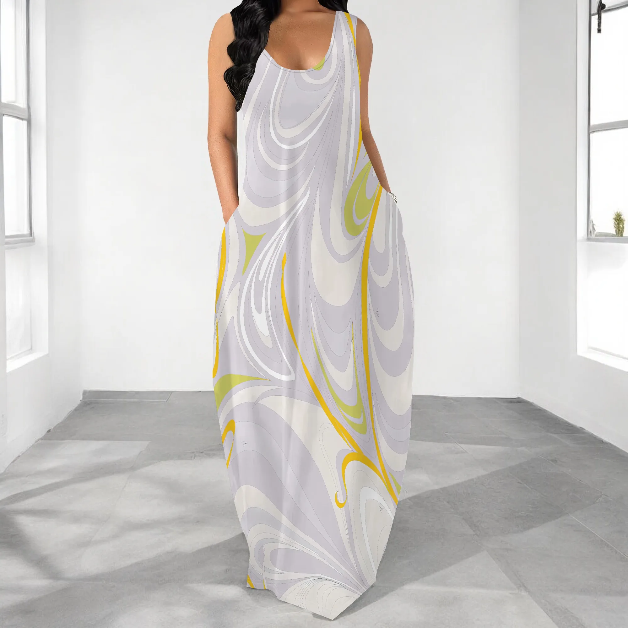 Yellow Grey Marble Print Maxi Dress – Abstract Swirl Sleeveless Long Dress for Art-Inspired Summer Look
Yellow Grey Marble Print Maxi Dress – Abstract Swirl Sleeveless Long Dress for Art-Inspired Summer Look