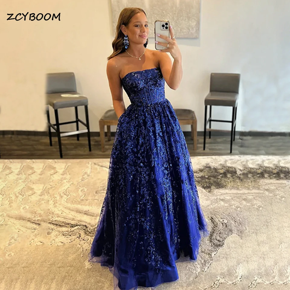 Elegant Strapless Royal Blue Tulle A-Line Evening Dresses 2023 Sparkly Sequins Beading Floor Length Party Prom Gowns For Women
Elegant Strapless Royal Blue Tulle A-Line Evening Dresses 2023 Sparkly Sequins Beading Floor Length Party Prom Gowns For Women