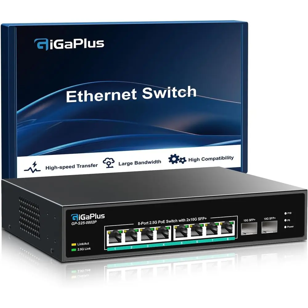 10-Port 2.5Gbps Unmanaged PoE+ Switch with 8x2.5G Base-T Ports, 2x10G SFP+ Uplinks, 802.3at/af Compliance, 80Gbps Non-Blocking S
10-Port 2.5Gbps Unmanaged PoE+ Switch with 8x2.5G Base-T Ports, 2x10G SFP+ Uplinks, 802.3at/af Compliance, 80Gbps Non-Blocking S
