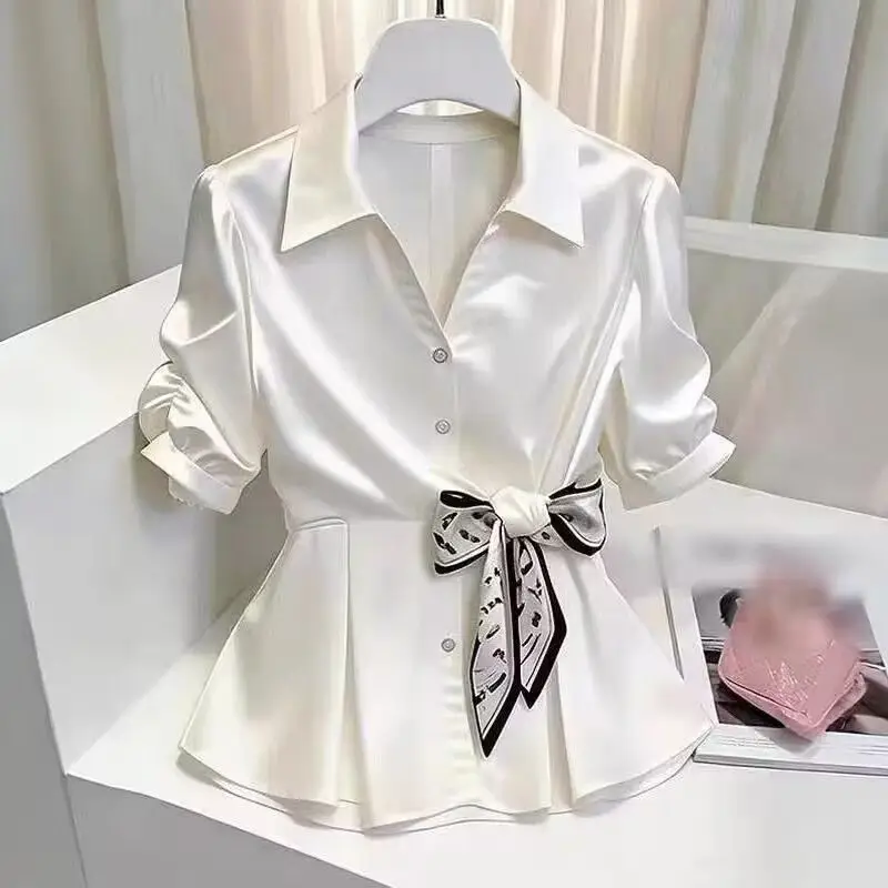 Summer Korean Style Women Scarf Waist Shirt 2026 New Short Sleeve Shirt Female Blouses Ladies Tops Office Lady Elegant Clothing
Summer Korean Style Women Scarf Waist Shirt 2026 New Short Sleeve Shirt Female Blouses Ladies Tops Office Lady Elegant Clothing