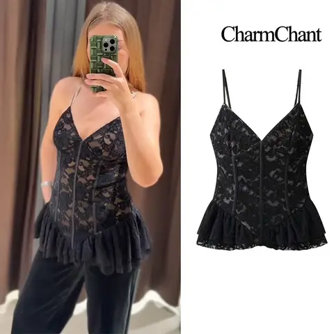 CharmChant Tops for Woman Black Lace Ruffled Sexy Slim Fit Corset Cropped Y2k Harajuku Fashion Sleeveless Cami Top Trend 2025