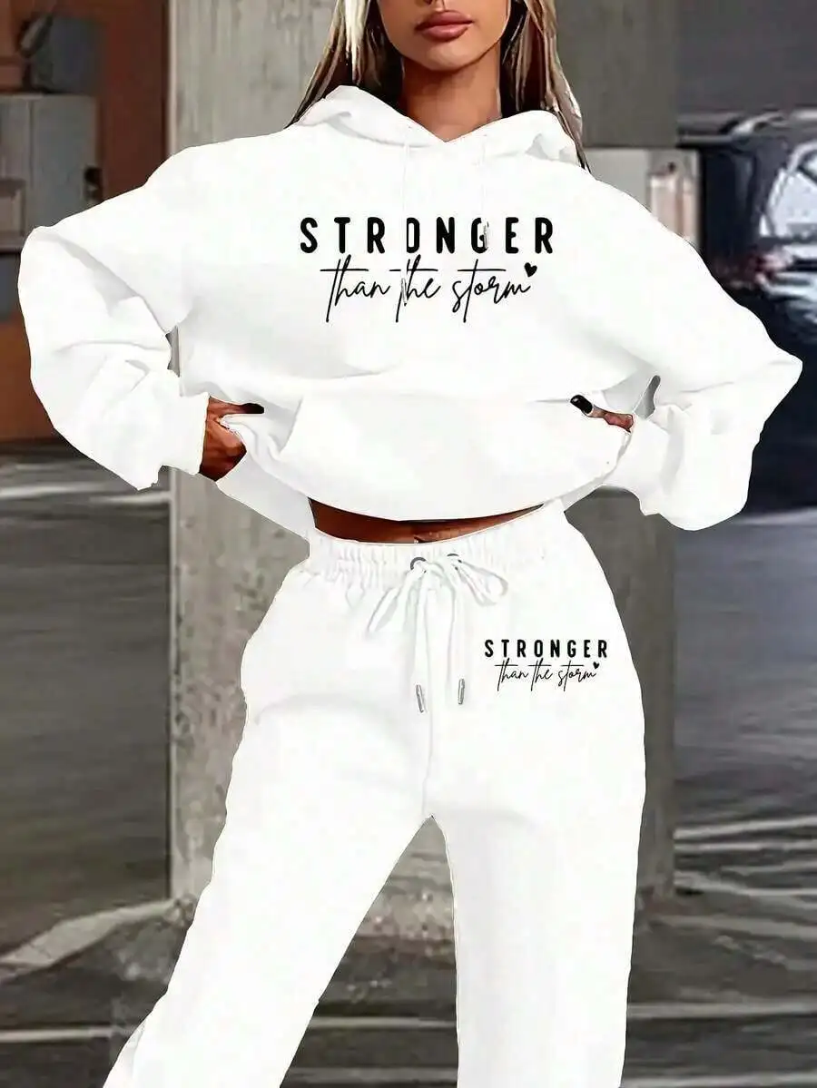 Womens Loose Fit Stronger Than The Storm Letter Print Hoodie And Pants Set White Casual Autumn Winter
Womens Loose Fit Stronger Than The Storm Letter Print Hoodie And Pants Set White Casual Autumn Winter