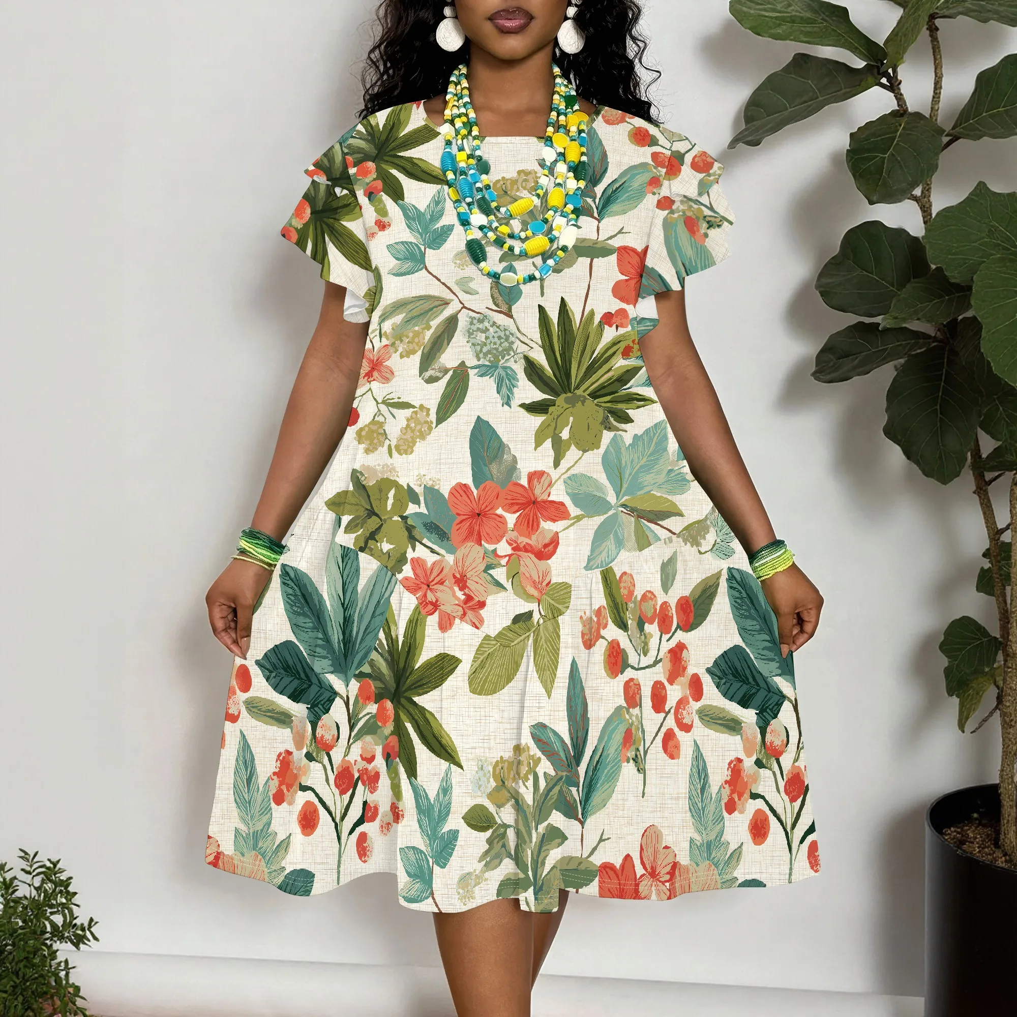 Women's Floral Print Short Sleeve Dress XL-6XL Summer Casual Loose Fit A-Line Tunic Dress with Ruffle Sleeves
Women's Floral Print Short Sleeve Dress XL-6XL Summer Casual Loose Fit A-Line Tunic Dress with Ruffle Sleeves