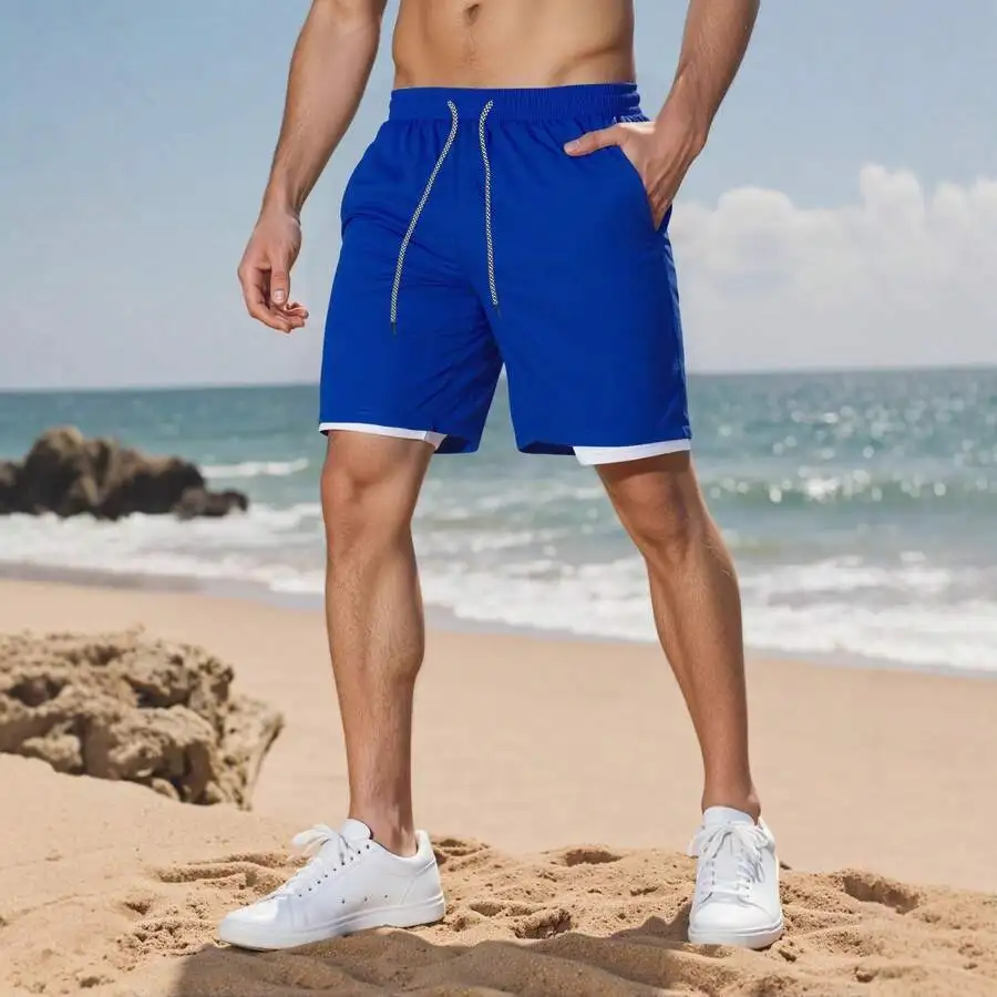 Mens Blue Double Layer Beach Shorts With Drawstring Adjustable Waist
Mens Blue Double Layer Beach Shorts With Drawstring Adjustable Waist