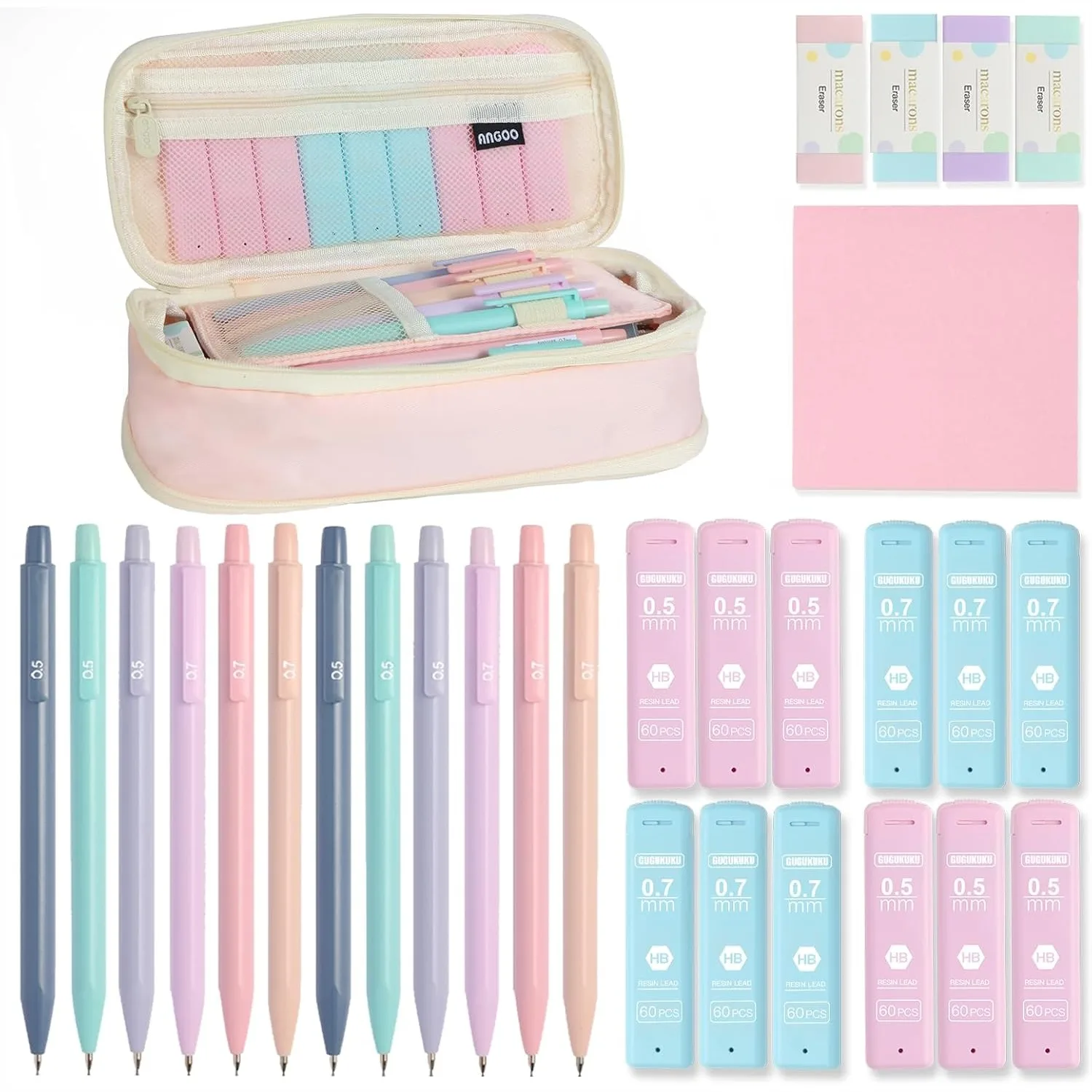 Aesthetic School Supplies with Cute Pencil Case, 12 Pastel Mechanical Pencils 0.5 & 0.7mm, 720 HB Leads, Erasers, Sticky Notes
Aesthetic School Supplies with Cute Pencil Case, 12 Pastel Mechanical Pencils 0.5 & 0.7mm, 720 HB Leads, Erasers, Sticky Notes