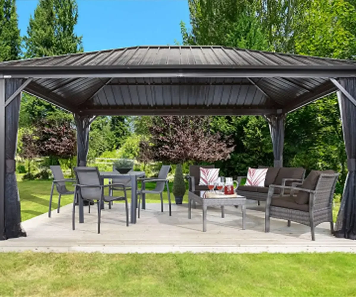 12' x 12' Genova II Hardtop Gazebo Outdoor Weather-Resistant Aluminum Frame Shelter with Mosquito Net Black,Brown
12' x 12' Genova II Hardtop Gazebo Outdoor Weather-Resistant Aluminum Frame Shelter with Mosquito Net Black,Brown
