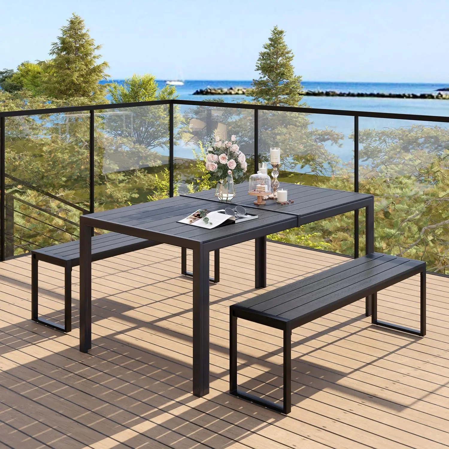 Patio Dining Set for 4, All Weather Outdoor Furniture Set Include Reclangle Patio Table and 2 Grey Outdoor Benches
Patio Dining Set for 4, All Weather Outdoor Furniture Set Include Reclangle Patio Table and 2 Grey Outdoor Benches