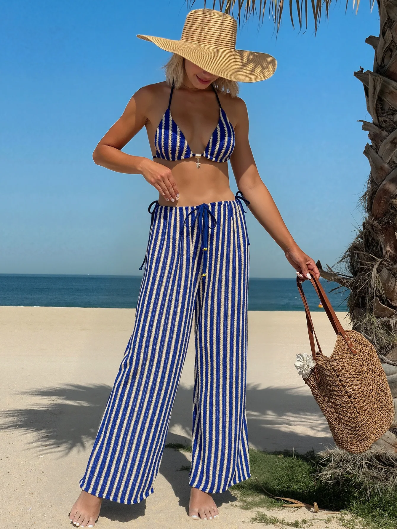Striped Textured Halter Triangle Bikini Top Tie‑Side High Waist Wide Leg Pants 3 Piece Swimwear Set Women Summer Beach Bathing S
Striped Textured Halter Triangle Bikini Top Tie‑Side High Waist Wide Leg Pants 3 Piece Swimwear Set Women Summer Beach Bathing S
