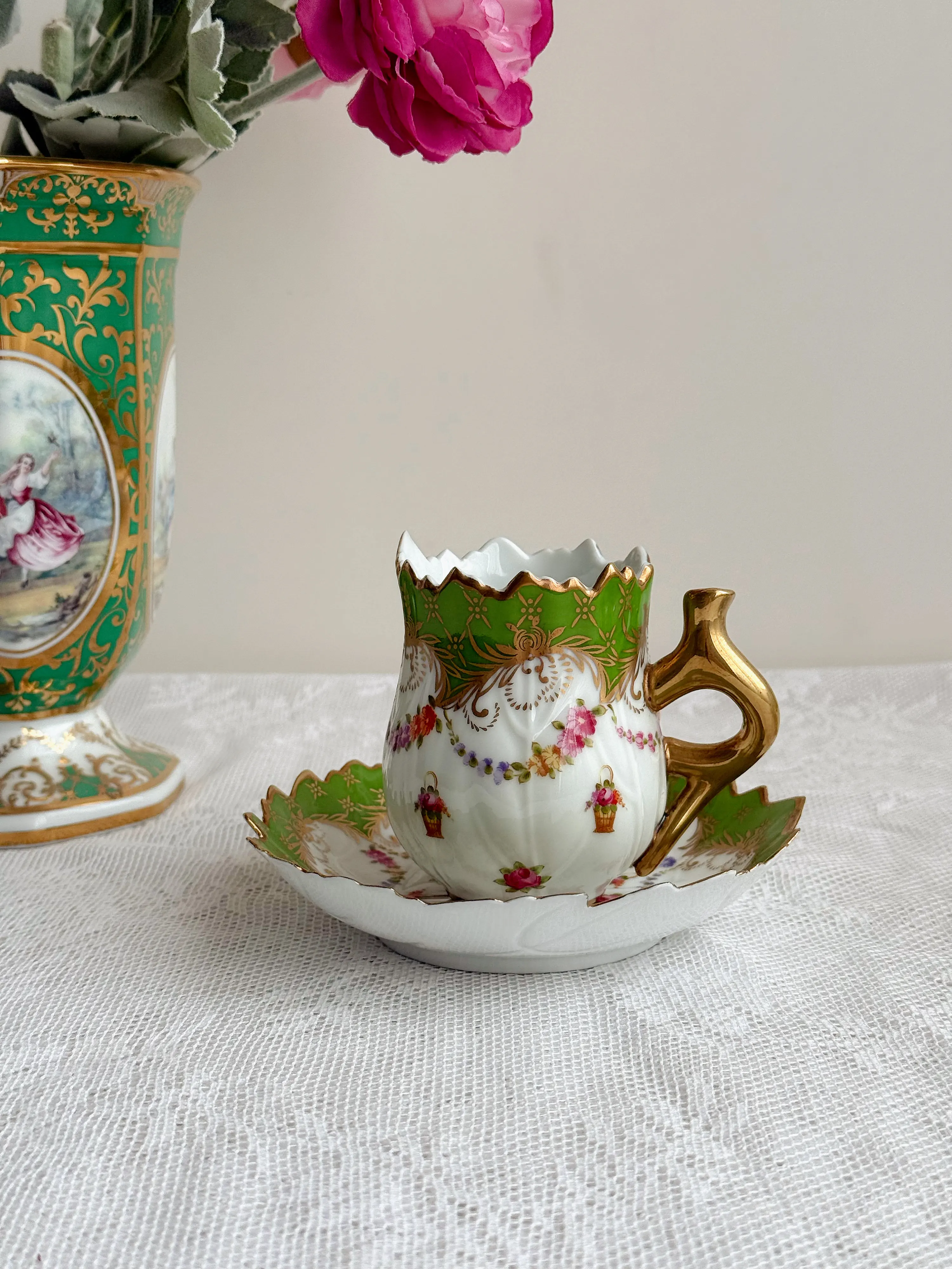 French antique porcelain green series gilded vase with specially designed leaves, coffee cup
French antique porcelain green series gilded vase with specially designed leaves, coffee cup