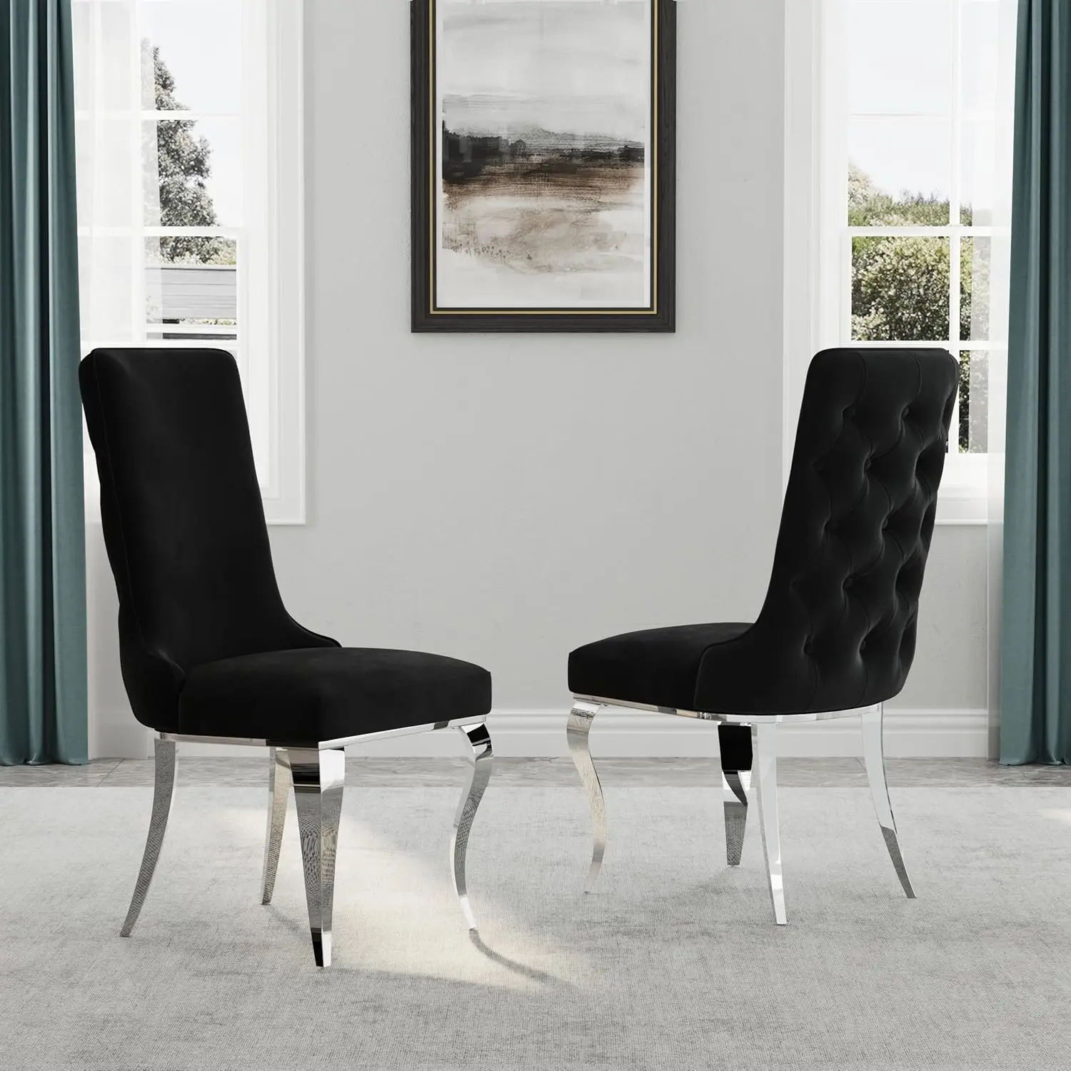 Black and Silver Dining Chair with Velvet Upholstery and Mirrored Silver Cabriole Legs, Heavy Duty High Back Buttons Tufted Dini
Black and Silver Dining Chair with Velvet Upholstery and Mirrored Silver Cabriole Legs, Heavy Duty High Back Buttons Tufted Dini
