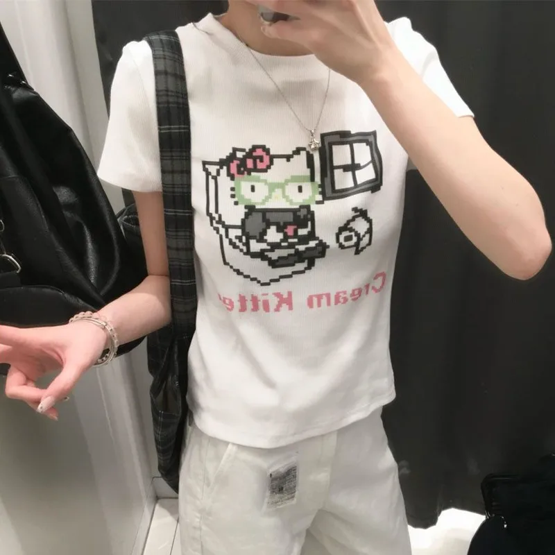 Sanrio Hello Kitty, короткая футболка в американском стиле, женская летняя футболка с коротким рукавом, облегающие футболки с круглым вырезом, простой универсальный топ в стиле Харадзюку
Sanrio Hello Kitty, короткая футболка в американском стиле, женская летняя футболка с коротким рукавом, облегающие футболки с круглым вырезом, простой универсальный топ в стиле Харадзюку