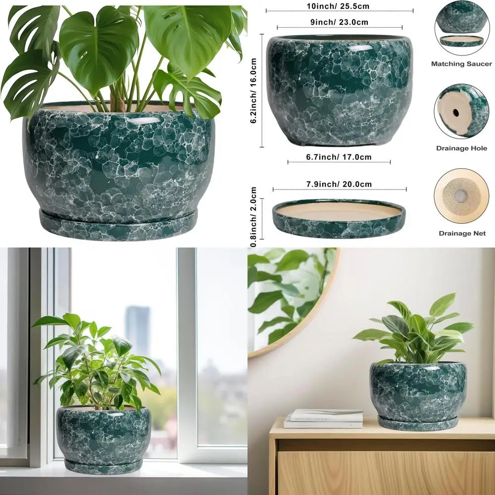 10-дюймовый декоративный цветочный горшок с дренажным отверстием и поддоном, подходит для комнатных и уличных растений, зеленый
10-дюймовый декоративный цветочный горшок с дренажным отверстием и поддоном, подходит для комнатных и уличных растений, зеленый