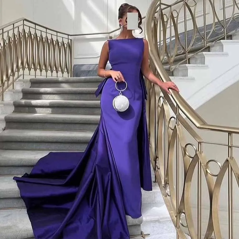 Formal Bespoke Occasion Gowns Saudi Arabia Satin&Jersey Sheath/Column Celebrity Dress Purple Boat Neck Watteau Train Prom Gown
Formal Bespoke Occasion Gowns Saudi Arabia Satin&Jersey Sheath/Column Celebrity Dress Purple Boat Neck Watteau Train Prom Gown