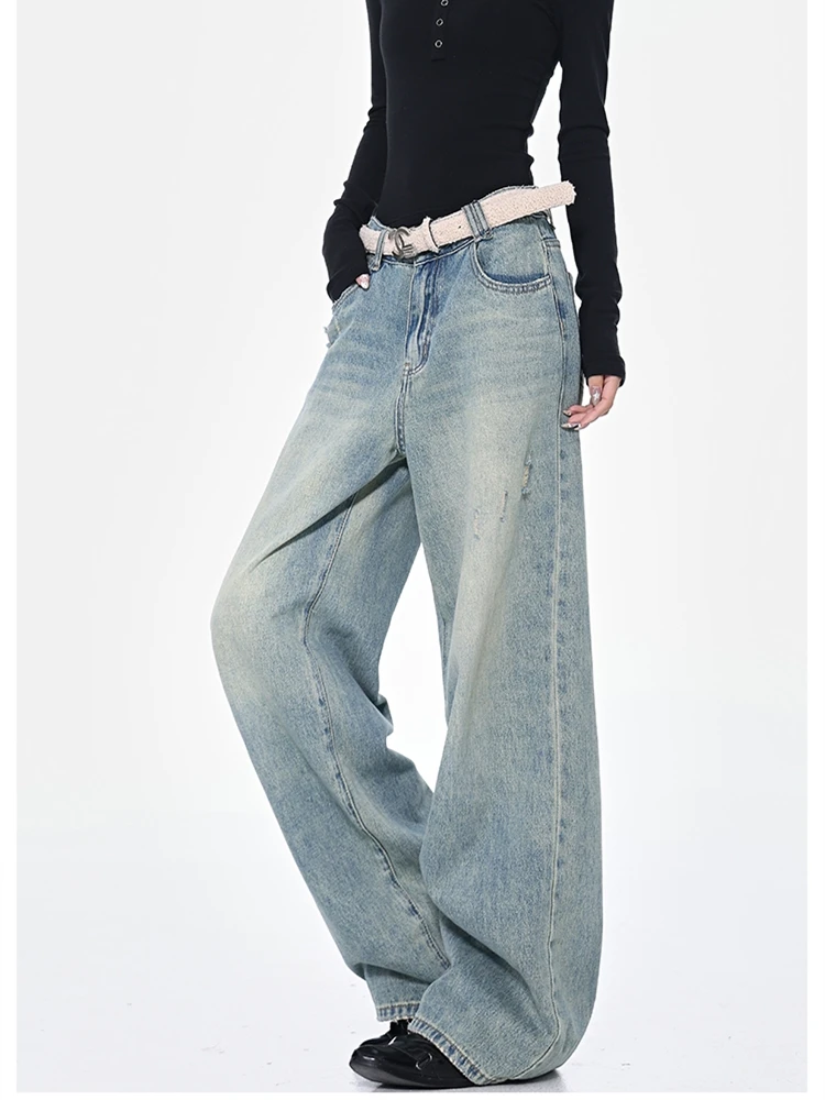 Women's Retro Blue Washed Ripped Straight Jeans Vintage Trousers Cool Girl Casual Bottoms Female High Waist Wide Leg Pants
Women's Retro Blue Washed Ripped Straight Jeans Vintage Trousers Cool Girl Casual Bottoms Female High Waist Wide Leg Pants