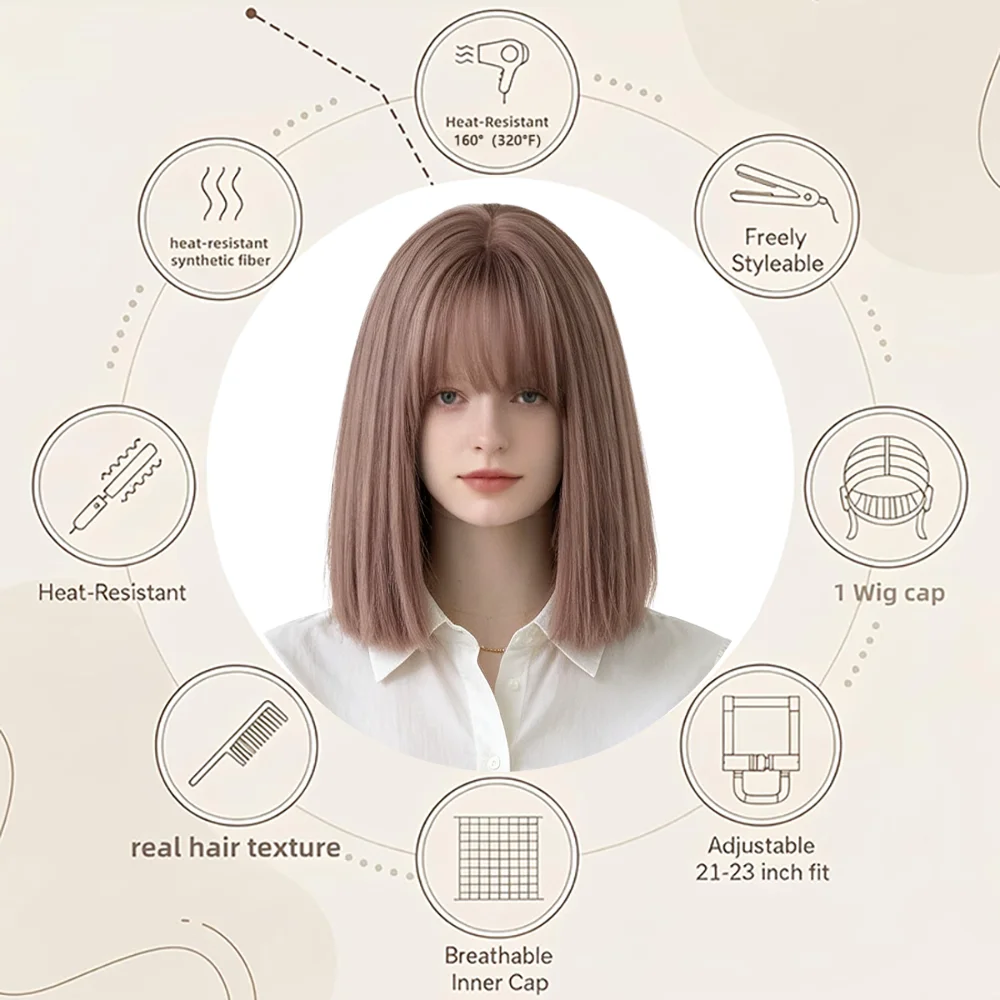 Beginner Friendly Breathable Short Bob Wig with Air Bangs Natural Hairline Pink Brown Heat Resistant Synthetic Wig For Women
Beginner Friendly Breathable Short Bob Wig with Air Bangs Natural Hairline Pink Brown Heat Resistant Synthetic Wig For Women
