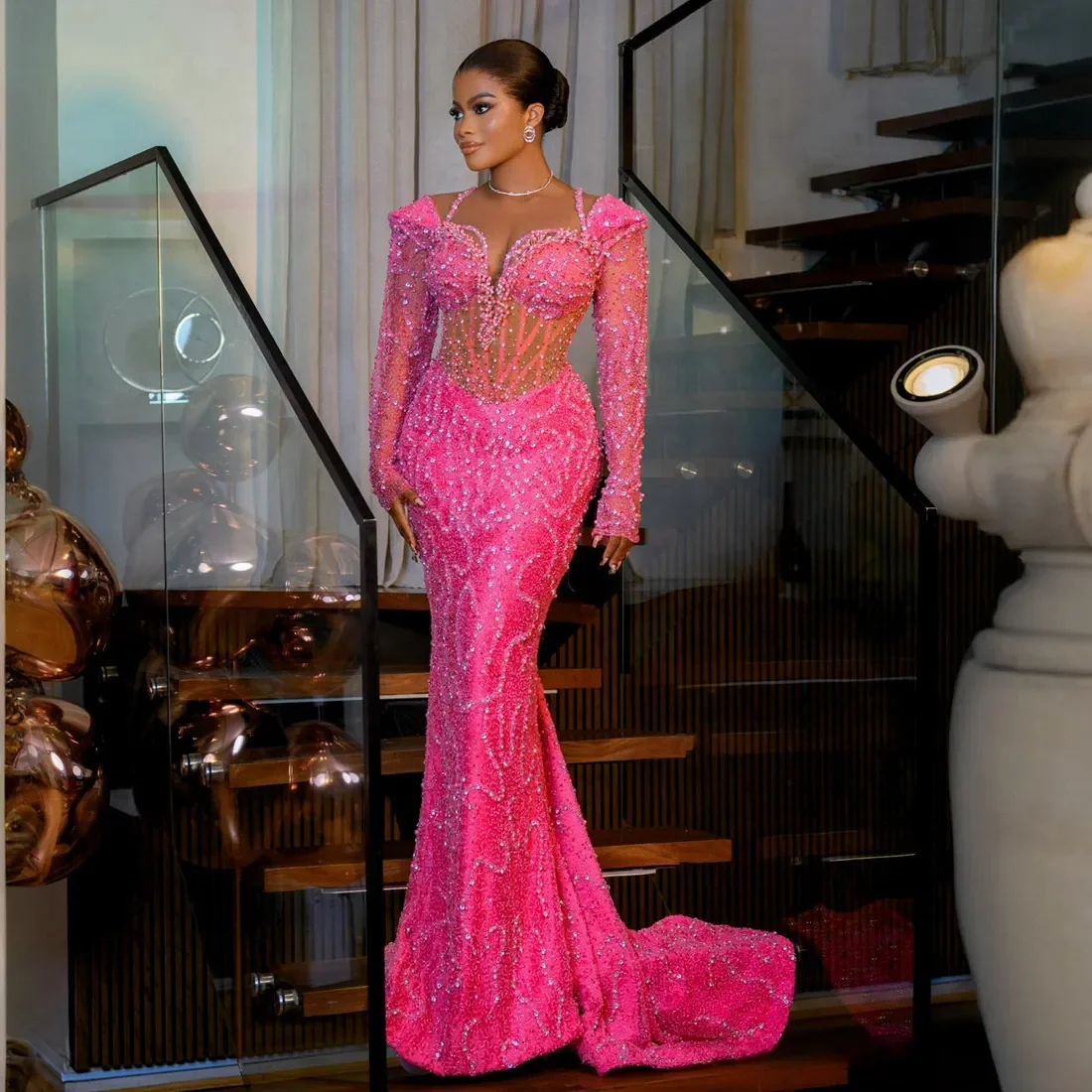 Elegant Illusion Long Sleeves Beaded Lace Sparkling Birthday Dress Aso Ebi Fuchsia Prom Dresses for Black Women Evening Dresses
Elegant Illusion Long Sleeves Beaded Lace Sparkling Birthday Dress Aso Ebi Fuchsia Prom Dresses for Black Women Evening Dresses