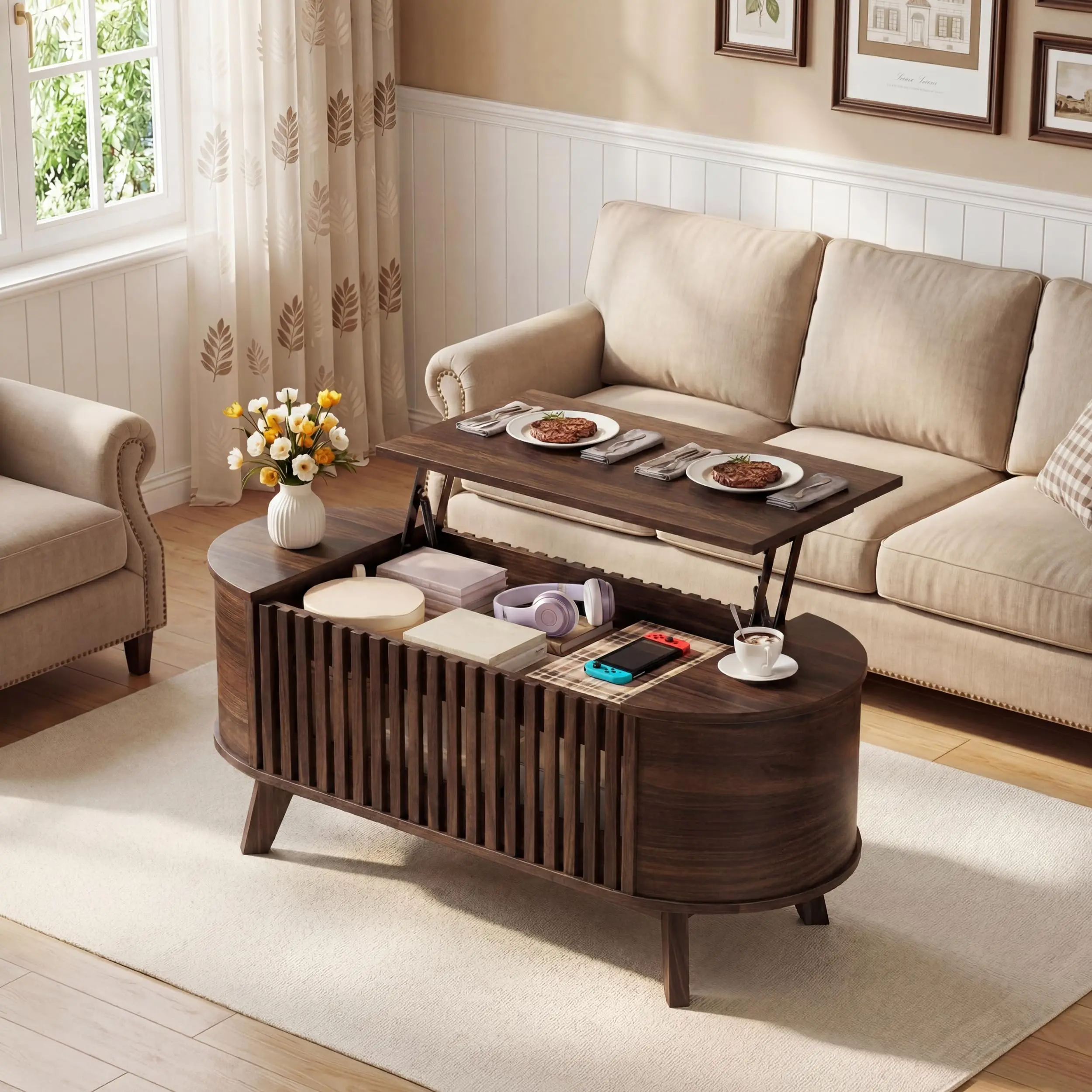 Lift Top Coffee Table With Storage Compartment And Slatted Front Design For Living Room
Lift Top Coffee Table With Storage Compartment And Slatted Front Design For Living Room