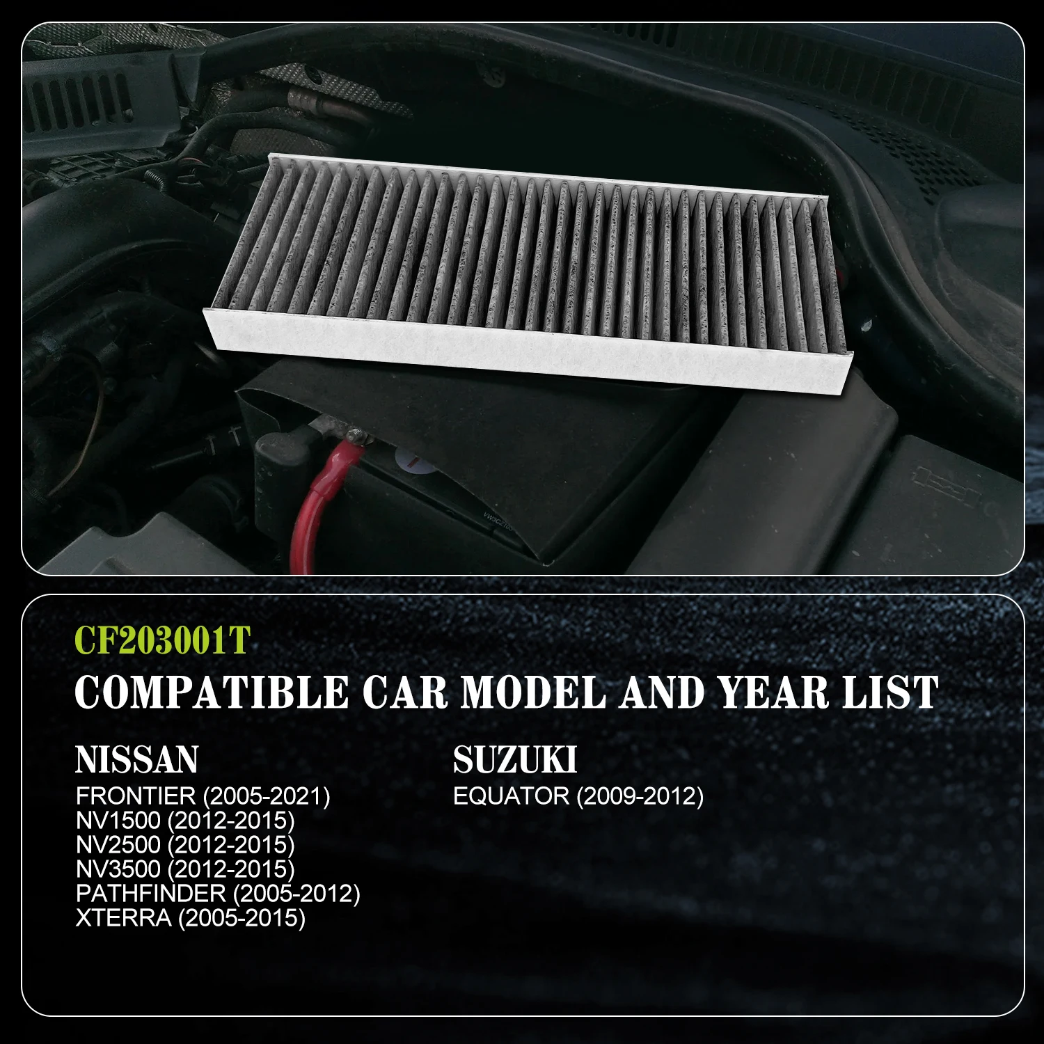 1 шт. CF10553 воздушный фильтр салона с активированным углем для Suzuki Equator 2009-2012/для Nissan Frontier 2005-2023/для Nissan NV1500
1 шт. CF10553 воздушный фильтр салона с активированным углем для Suzuki Equator 2009-2012/для Nissan Frontier 2005-2023/для Nissan NV1500