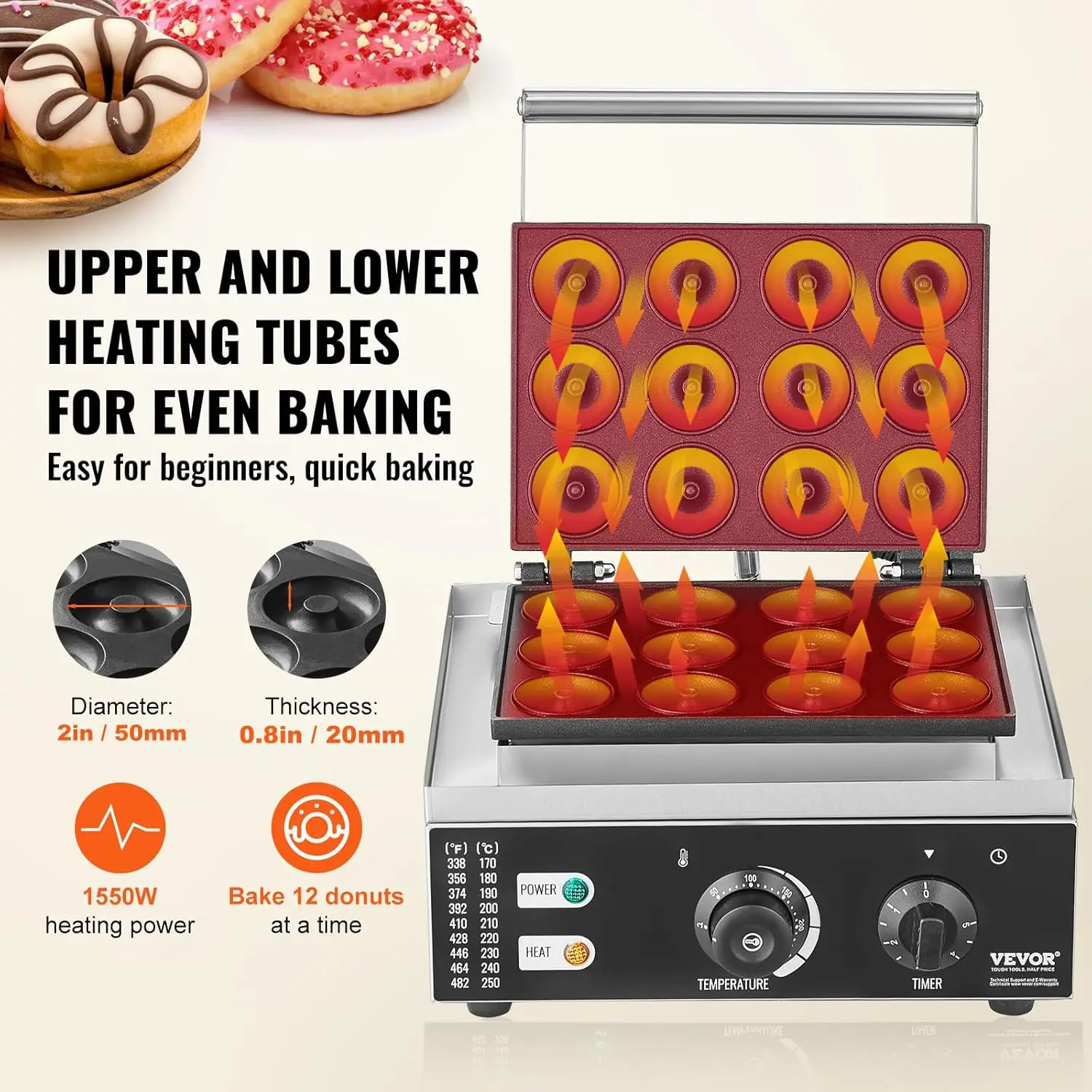 Electric Donut Maker, 12 Hole Double-Sided Heating Waffle Machine Makes 12 Doughnuts, Temperature 122-572℉, for Restaurant
Electric Donut Maker, 12 Hole Double-Sided Heating Waffle Machine Makes 12 Doughnuts, Temperature 122-572℉, for Restaurant