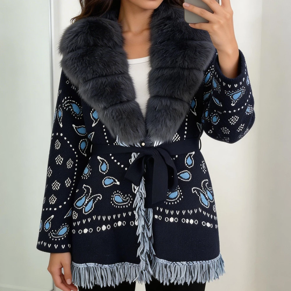 Sweater Women's Knit Cardigan with Real Fox Fur Lace Natural Fur Coat Women's Clothes Lady Trim Belted Sweater Coat Female
Sweater Women's Knit Cardigan with Real Fox Fur Lace Natural Fur Coat Women's Clothes Lady Trim Belted Sweater Coat Female