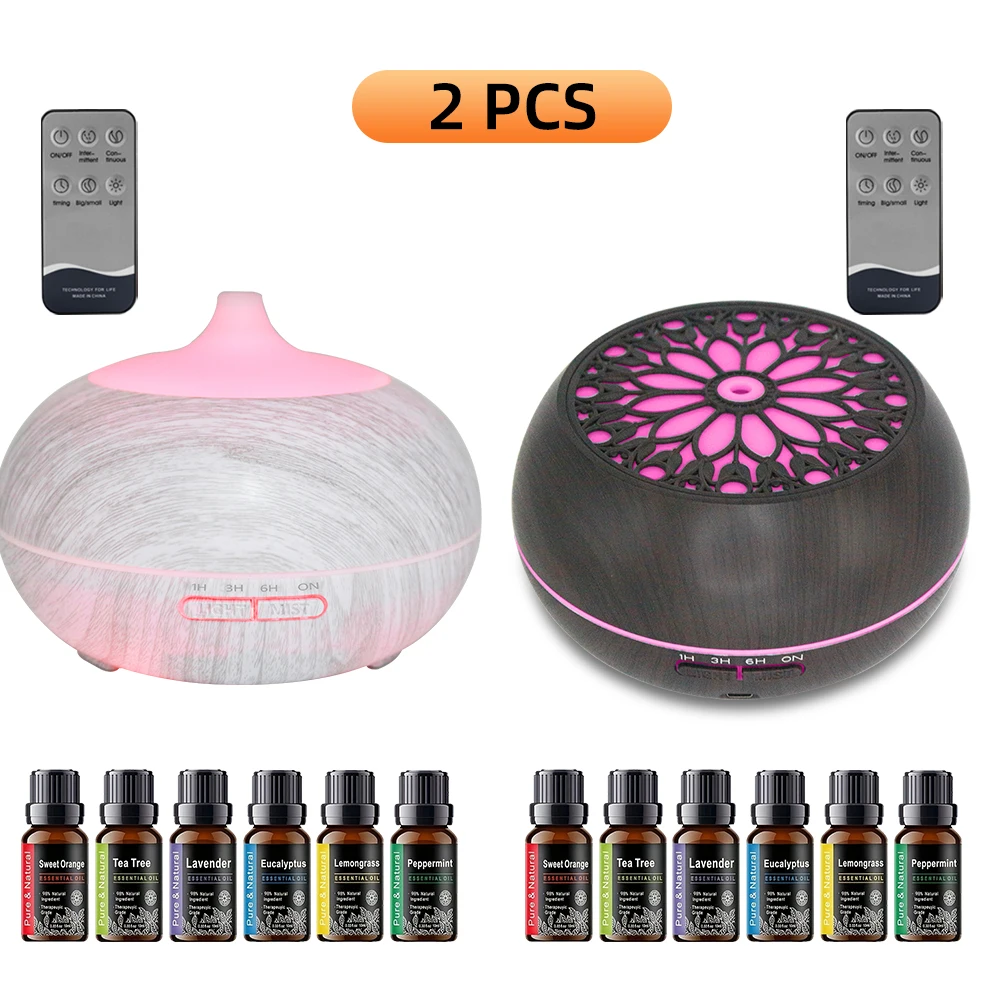 (2-Pack) Ultra Quiet 550ml Essential Oil Diffuser And Humidifier with Remote Control 7 Color Options And 12 Included Oils