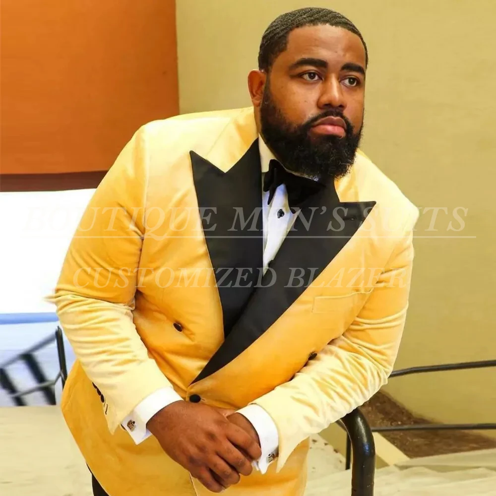 Formal Velevet Men's Suits Luxury Double Breasted Peak Lapel Outfits High Quality Yellow Jacket With Black Pants Costume Homme
Formal Velevet Men's Suits Luxury Double Breasted Peak Lapel Outfits High Quality Yellow Jacket With Black Pants Costume Homme