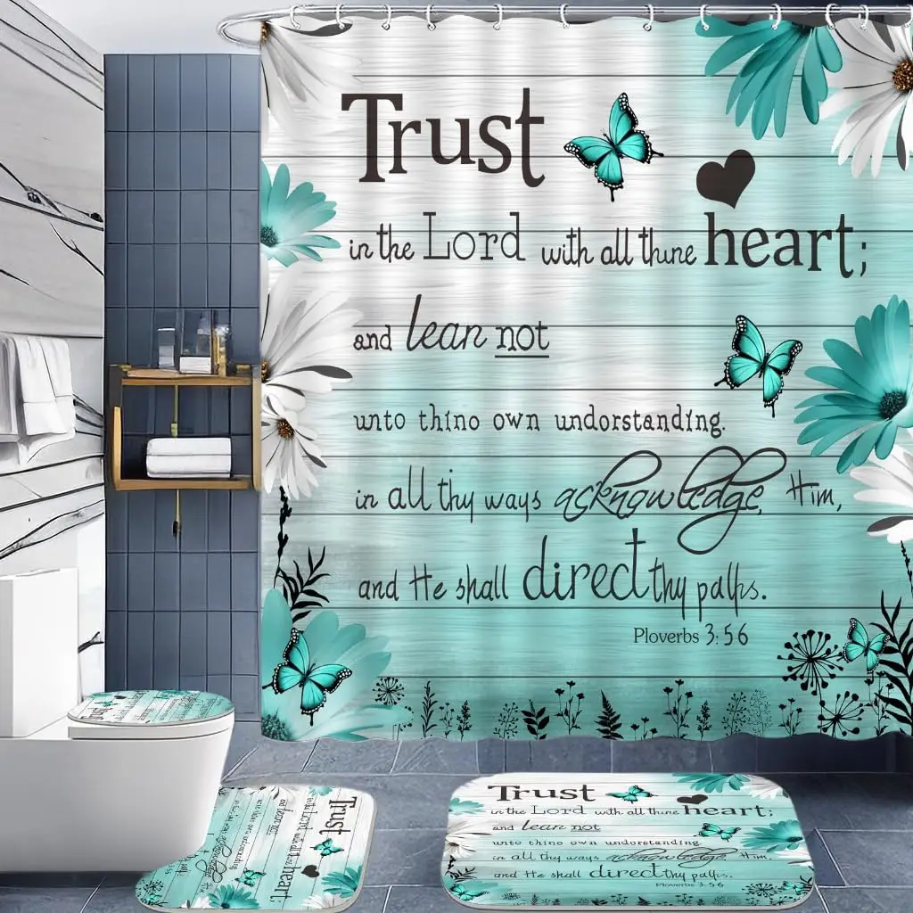 4PC Blue Verse Bathroom Set - Inspirational Quotes Shower Curtain with 12 Hooks, Butterfly Daisy Decor, Non-Slip Mats, 71x71 in
4PC Blue Verse Bathroom Set - Inspirational Quotes Shower Curtain with 12 Hooks, Butterfly Daisy Decor, Non-Slip Mats, 71x71 in