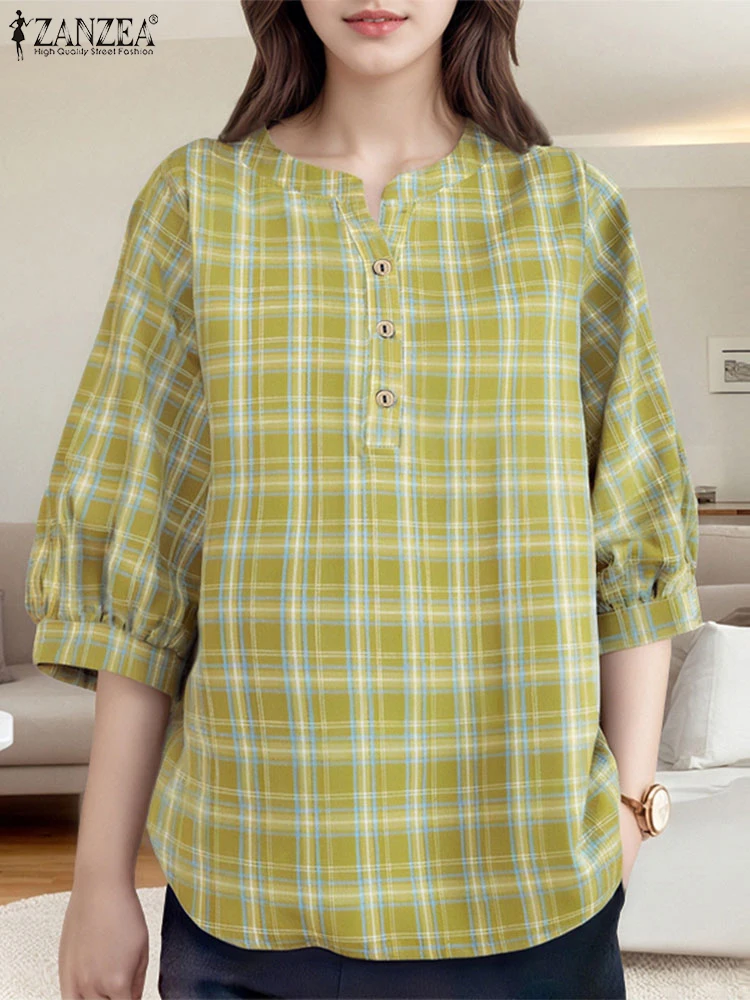 ZANZEA Summer Tops Women Plaid Blouse 3/4 Llantern Sleeve Casual Loose Blusas 2025 Fashion O Neck Tunic Buttons Pullovers
ZANZEA Summer Tops Women Plaid Blouse 3/4 Llantern Sleeve Casual Loose Blusas 2025 Fashion O Neck Tunic Buttons Pullovers