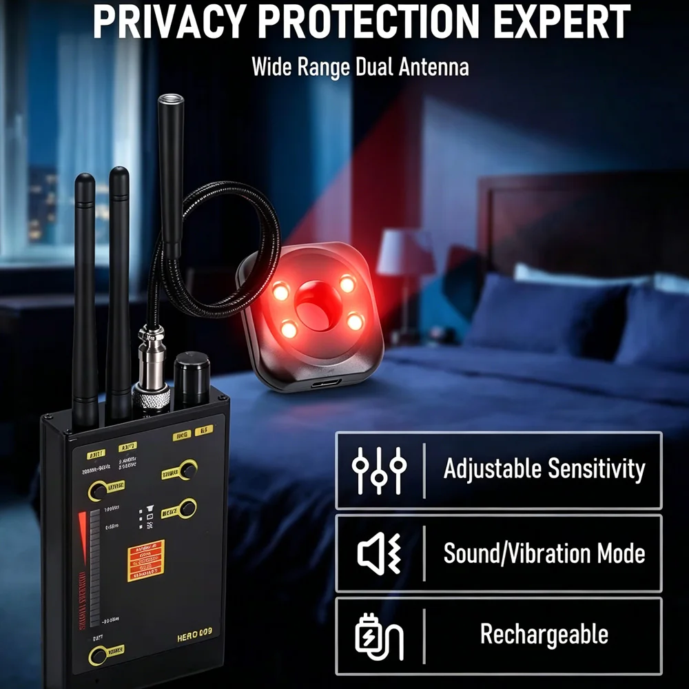 Spy Bug Detector HERO-009 Dual Antenna RF Hidden Camera Detector Magnetic GPS Locator for Hotel Rental Car Privacy Protection
Spy Bug Detector HERO-009 Dual Antenna RF Hidden Camera Detector Magnetic GPS Locator for Hotel Rental Car Privacy Protection