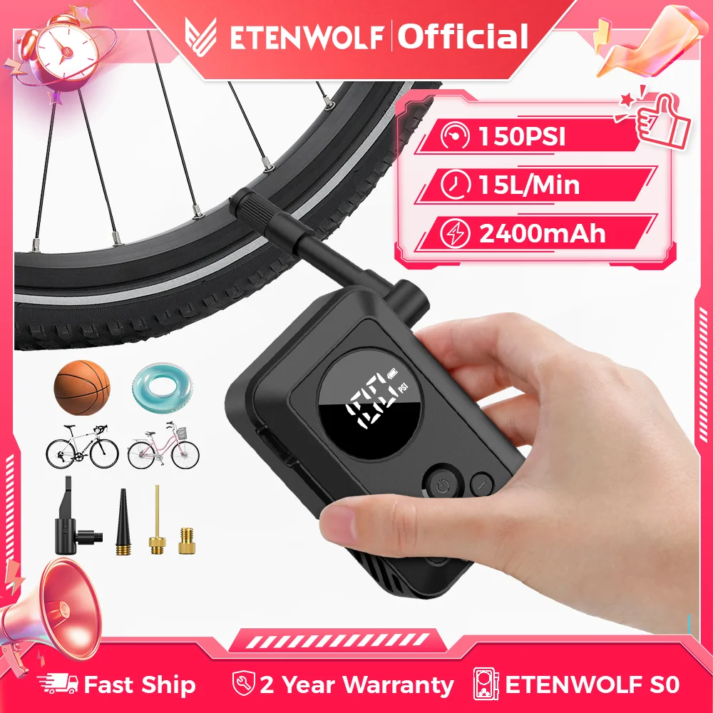 New ETENWOLF S0 Digital Display & Rapid Inflation, 150PSI Cordless Air Pump with 2400mAh Battery for Bikes, Car Tires, Balls
New ETENWOLF S0 Digital Display & Rapid Inflation, 150PSI Cordless Air Pump with 2400mAh Battery for Bikes, Car Tires, Balls
