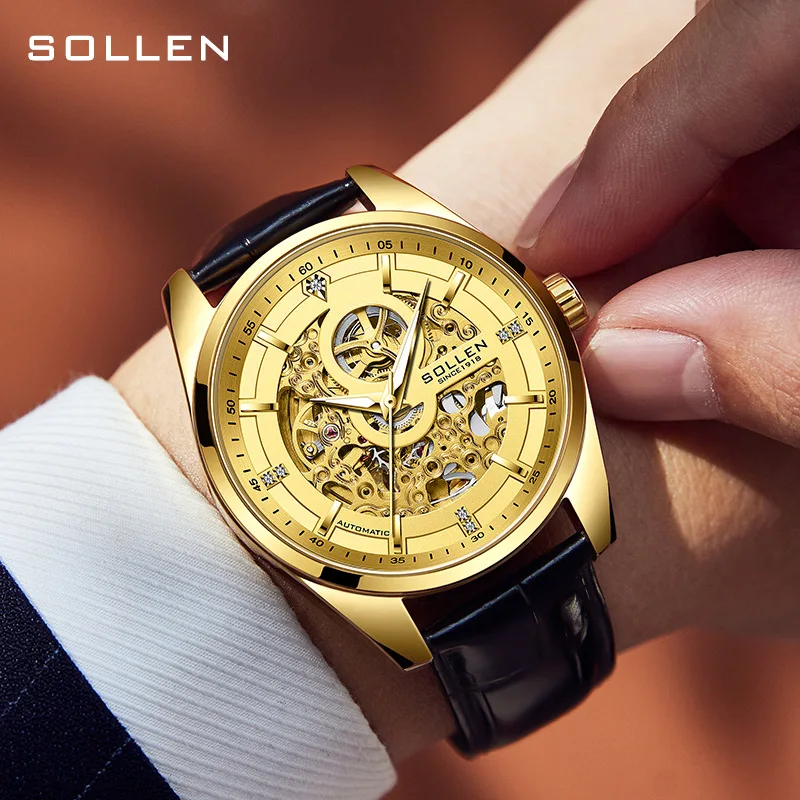 SOLLEN Brand High-end Mechanical Watch Men Fashion Skeleton Gold Automatic Watch Leather Strap Waterproof Luxury Hollow Watches
SOLLEN Brand High-end Mechanical Watch Men Fashion Skeleton Gold Automatic Watch Leather Strap Waterproof Luxury Hollow Watches