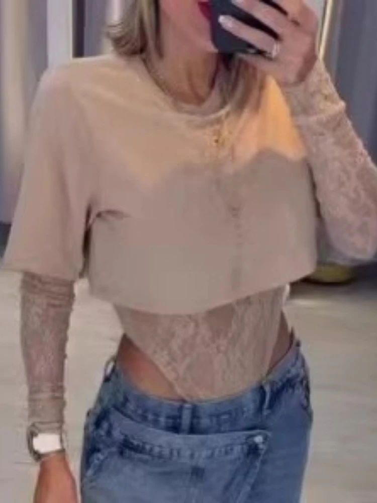 Lace T-shirt Top Jumpsuit Women's Round Neck Long Sleeved Irregular Top Summer Fashion Women's Street Wear Two Real Pieces
Lace T-shirt Top Jumpsuit Women's Round Neck Long Sleeved Irregular Top Summer Fashion Women's Street Wear Two Real Pieces