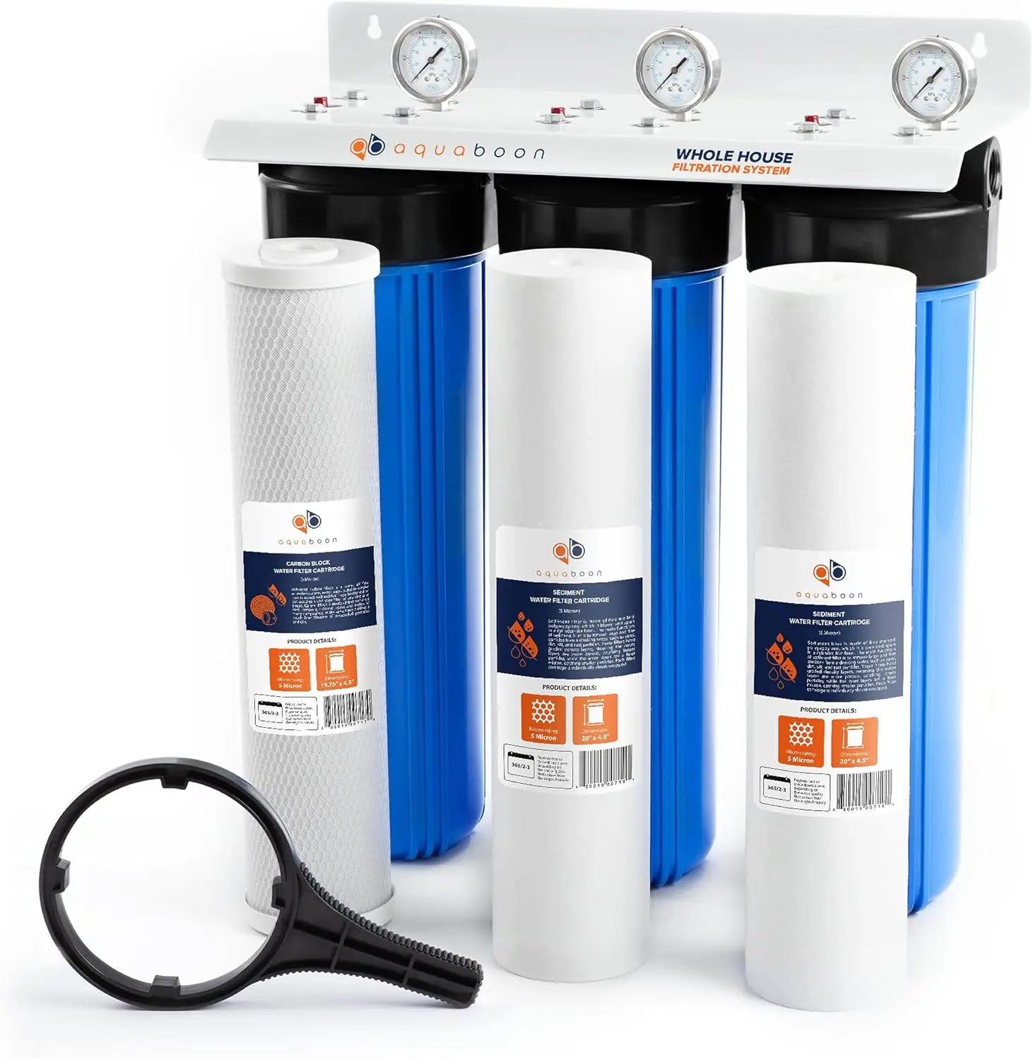 Aquaboon 3-Stage Whole House Water Filter System with 20x4.5 CTO & Sediment Filters, Against Sediment & Chlorine | w/Wrench, Bra
Aquaboon 3-Stage Whole House Water Filter System with 20x4.5 CTO & Sediment Filters, Against Sediment & Chlorine | w/Wrench, Bra