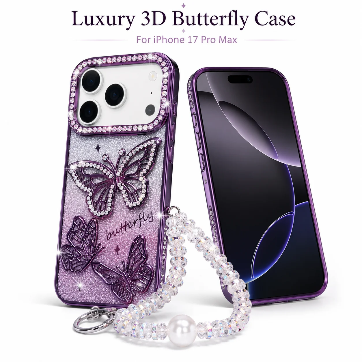 Violet Shiny Anti-Drop Protective Phone Case Suitable for iPhone 17 Pro Max, Luxury 3D Butterfly Rhinestone Cover
Violet Shiny Anti-Drop Protective Phone Case Suitable for iPhone 17 Pro Max, Luxury 3D Butterfly Rhinestone Cover