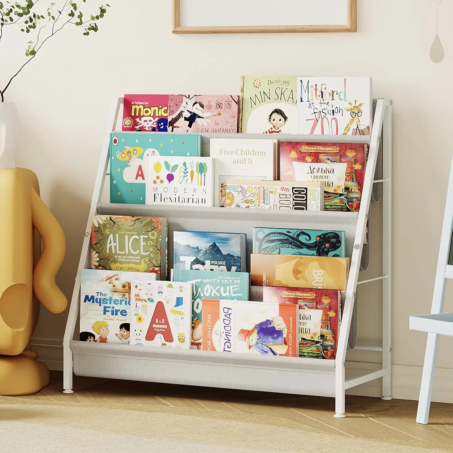 4-Tier Kids Bookshelf with Canvas Bags, Sturdy Iron Frame, Adjustable Feet, 28.34" Tall for Toddlers
4-Tier Kids Bookshelf with Canvas Bags, Sturdy Iron Frame, Adjustable Feet, 28.34" Tall for Toddlers