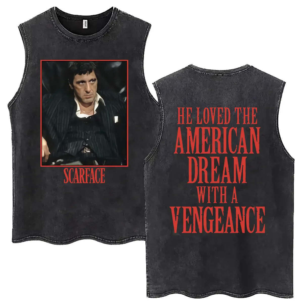 Classic Gangsters Movie Scarface Vintage Washed Tank Tops Tony Montana Al Pacino Sleeveless T-shirt Men Hip Hop Fashion T Shirt
Classic Gangsters Movie Scarface Vintage Washed Tank Tops Tony Montana Al Pacino Sleeveless T-shirt Men Hip Hop Fashion T Shirt