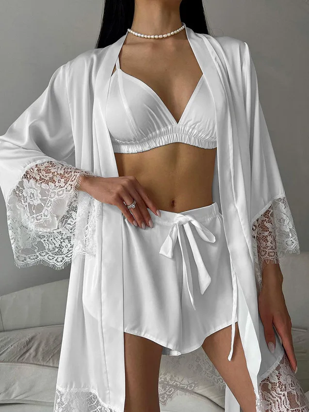 Women's Lace Long Sleeve Sleepwear Three-Piece Set Home Clothes Shorts Underwear Robe Summer Thin Polyester Fabric
Women's Lace Long Sleeve Sleepwear Three-Piece Set Home Clothes Shorts Underwear Robe Summer Thin Polyester Fabric