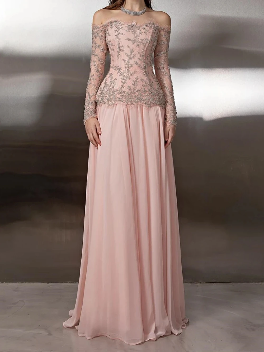 Pink Romantic Off Shoulder Evening Dress Customized Lace Flowing Chiffon A Line Prom Gown Delicate Corset Women Banquet Wear
Pink Romantic Off Shoulder Evening Dress Customized Lace Flowing Chiffon A Line Prom Gown Delicate Corset Women Banquet Wear