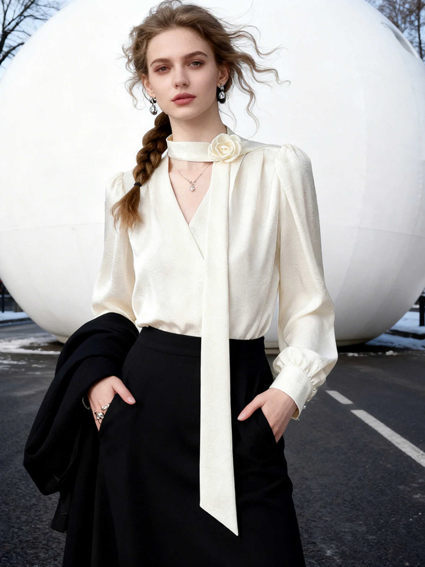 Gentle Wind V-neck Tie Shirt Women's Long Sleeve Rose Chest Flower Sash Professional Commuting Anti-aging Top
Gentle Wind V-neck Tie Shirt Women's Long Sleeve Rose Chest Flower Sash Professional Commuting Anti-aging Top