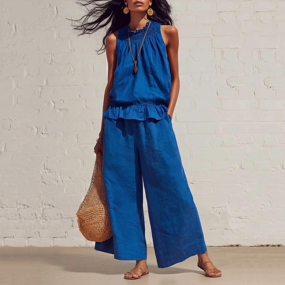 Women's Faux Linen Blouse Two Piece Set 2026 Boho Sleeveless Smocked Ruffle Hem Top Loose Pants Casual Vacation Outfits Chic Set
Women's Faux Linen Blouse Two Piece Set 2026 Boho Sleeveless Smocked Ruffle Hem Top Loose Pants Casual Vacation Outfits Chic Set