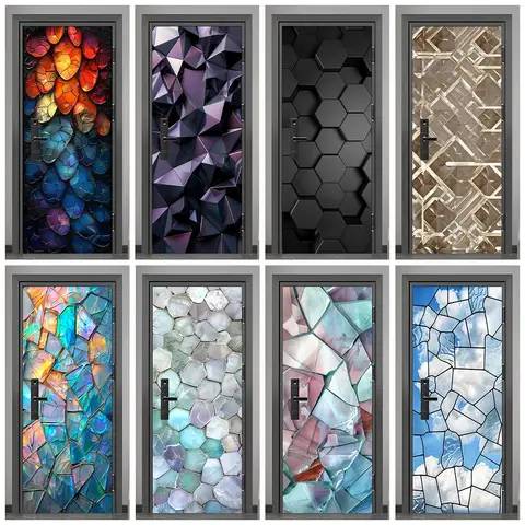 Aurora Shells Geometric Pattern Door Sticker Waterproof Home Decoration Colorful Fragment Wall Art Decals Bedroom Door Poster