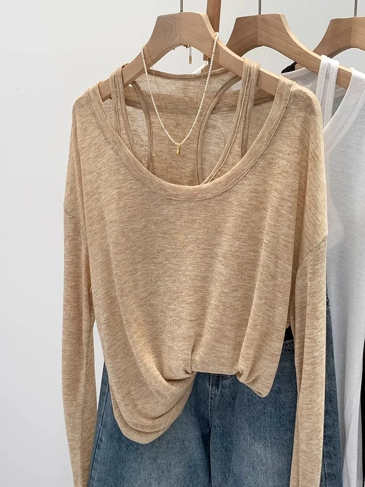 Summer Thin Sleeveless Long Sleeve Vest Women's Lazy Style Two-Piece Set Korean Loose Fit Simple Casual round Neck Top
Summer Thin Sleeveless Long Sleeve Vest Women's Lazy Style Two-Piece Set Korean Loose Fit Simple Casual round Neck Top